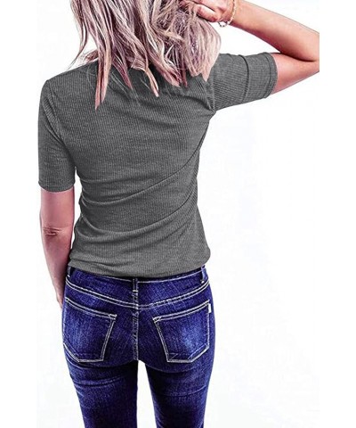 Women's Short Sleeve V Neck Ribbed Button Tops Basic Solid Color Tee Shirts Grey $17.91 T-Shirts