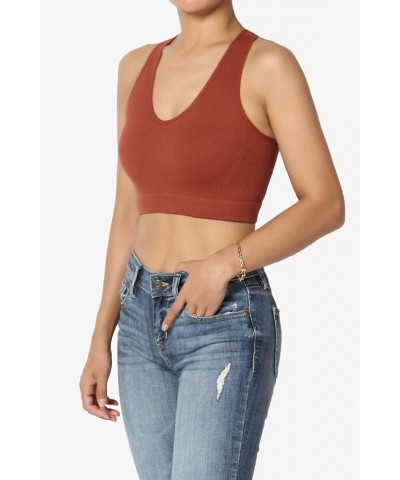 Basic Solid Halter Seamless Ribbed Stretch Crop Cami Tank Top Bralette Dark Rust $10.79 Tanks