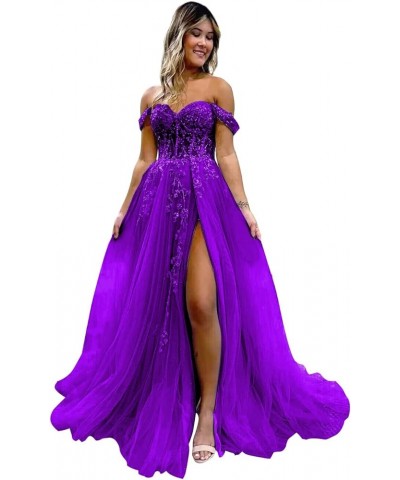 Women's Off The Shoulder Tulle Prom Dresses with Split Long Lace Appliques Beaded Formal Evening Party Gown Purple $33.75 Dre...