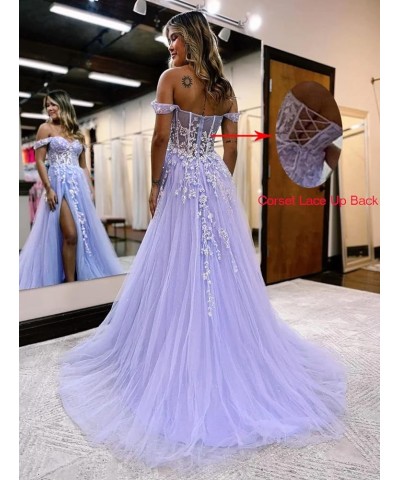 Women's Off The Shoulder Tulle Prom Dresses with Split Long Lace Appliques Beaded Formal Evening Party Gown Purple $33.75 Dre...