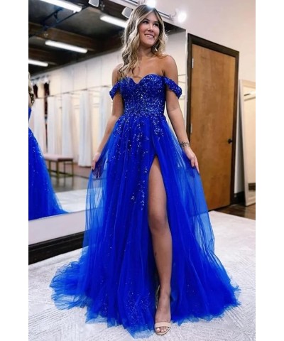 Women's Off The Shoulder Tulle Prom Dresses with Split Long Lace Appliques Beaded Formal Evening Party Gown Purple $33.75 Dre...