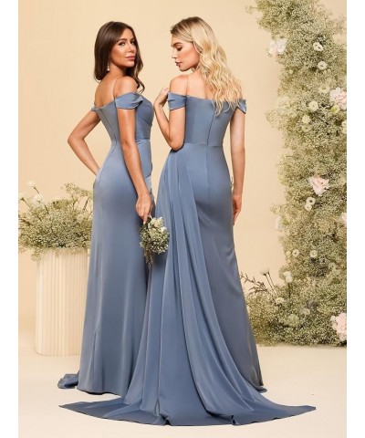 Women's Off Shoulder Ruched Bridesmaid Dresses Long with Slit Satin Formal Prom Dress VS018 Purple $24.80 Dresses