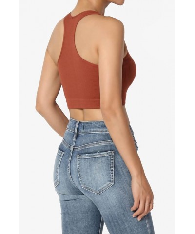 Basic Solid Halter Seamless Ribbed Stretch Crop Cami Tank Top Bralette Dark Rust $10.79 Tanks