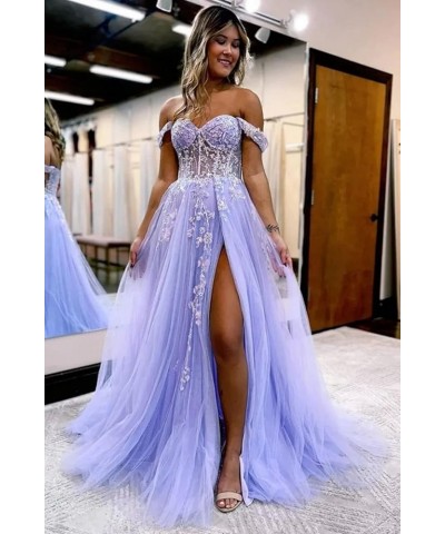 Women's Off The Shoulder Tulle Prom Dresses with Split Long Lace Appliques Beaded Formal Evening Party Gown Purple $33.75 Dre...