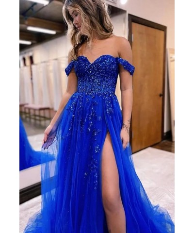 Women's Off The Shoulder Tulle Prom Dresses with Split Long Lace Appliques Beaded Formal Evening Party Gown Purple $33.75 Dre...