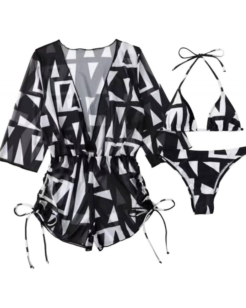 Women's 3 Piece Swimsuit Leaf Print Halter Drawstring Side Bikini Set with Cover Up Geo Black White $22.79 Swimsuits