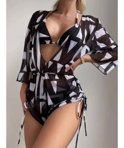 Women's 3 Piece Swimsuit Leaf Print Halter Drawstring Side Bikini Set with Cover Up Geo Black White $22.79 Swimsuits