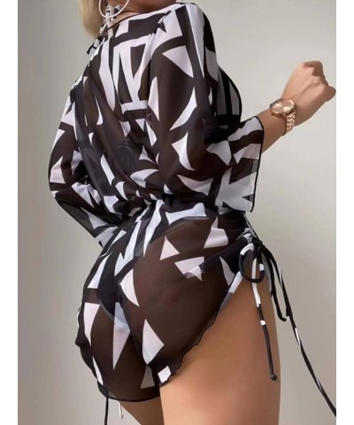 Women's 3 Piece Swimsuit Leaf Print Halter Drawstring Side Bikini Set with Cover Up Geo Black White $22.79 Swimsuits