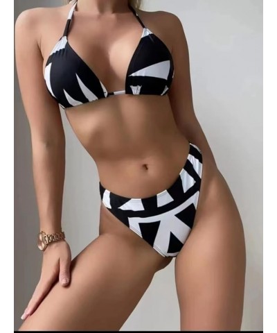 Women's 3 Piece Swimsuit Leaf Print Halter Drawstring Side Bikini Set with Cover Up Geo Black White $22.79 Swimsuits