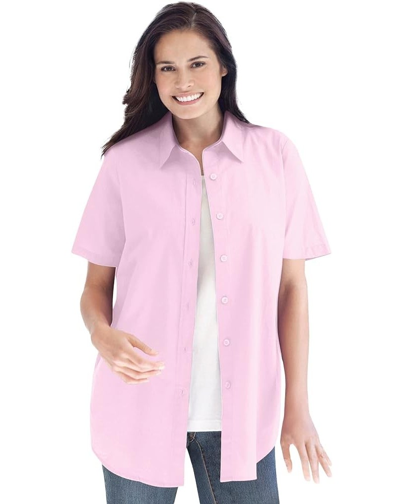 Plus Size Perfect Short Sleeve Button-Down Shirt Oversized Tunic Blouse Pink $20.39 Blouses