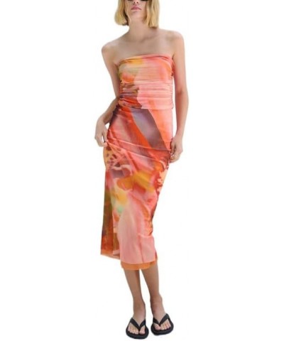 Y2K Tie Dye Flroal Strapless Tube Maxi Dress Off Shoulder Slim Fit Long Dress Bodycon Night Party Vocation Sundress Orange 2 ...