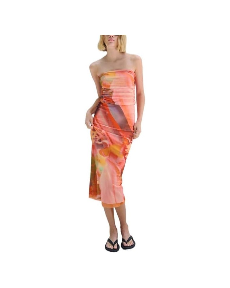 Y2K Tie Dye Flroal Strapless Tube Maxi Dress Off Shoulder Slim Fit Long Dress Bodycon Night Party Vocation Sundress Orange 2 ...