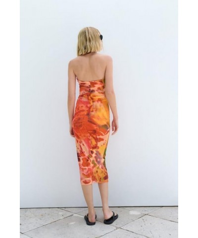 Y2K Tie Dye Flroal Strapless Tube Maxi Dress Off Shoulder Slim Fit Long Dress Bodycon Night Party Vocation Sundress Orange 2 ...