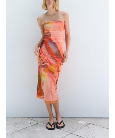 Y2K Tie Dye Flroal Strapless Tube Maxi Dress Off Shoulder Slim Fit Long Dress Bodycon Night Party Vocation Sundress Orange 2 ...