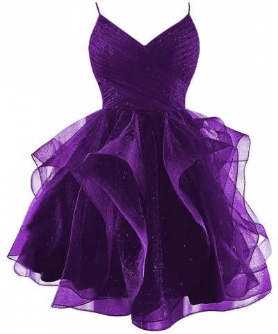 Glitter Tulle Spaghetti Straps Short Prom Dresses for Teens Tiered Homecoming Dresses 2024 V-Neck Mini Cocktail Dress Purple ...