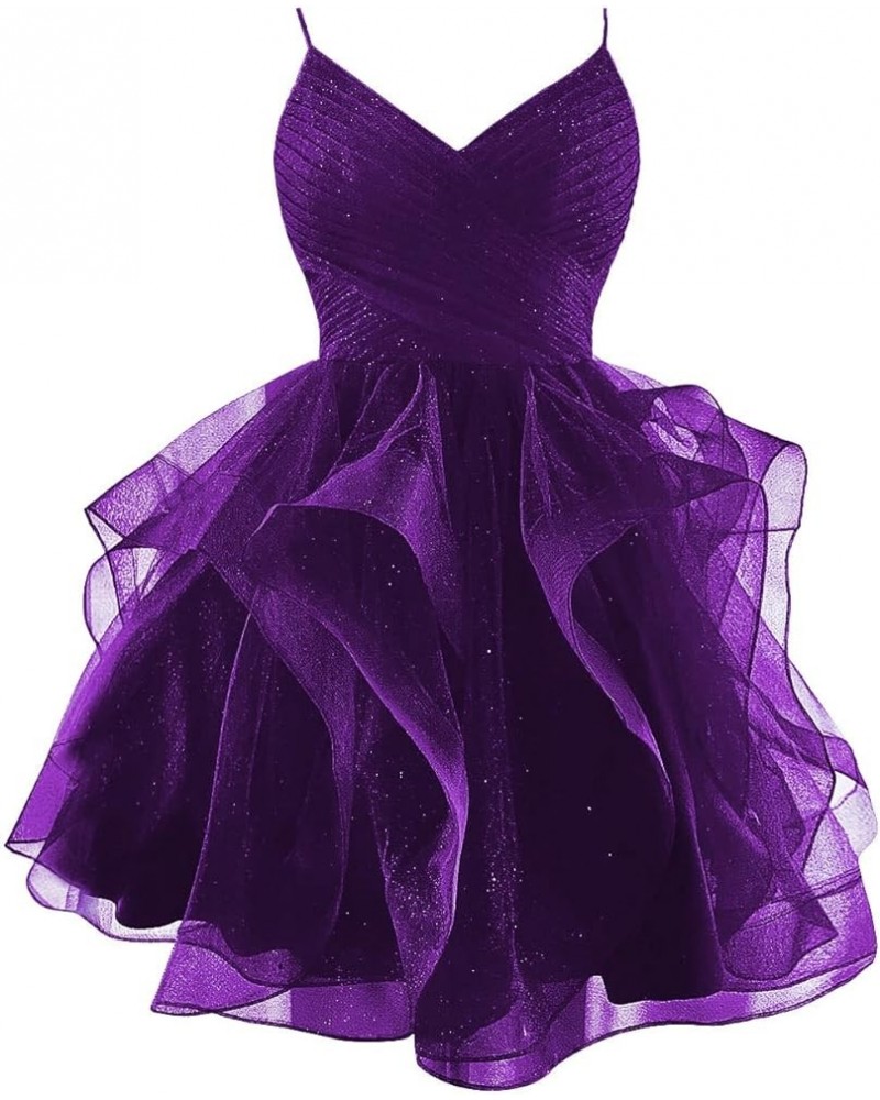 Glitter Tulle Spaghetti Straps Short Prom Dresses for Teens Tiered Homecoming Dresses 2024 V-Neck Mini Cocktail Dress Purple ...