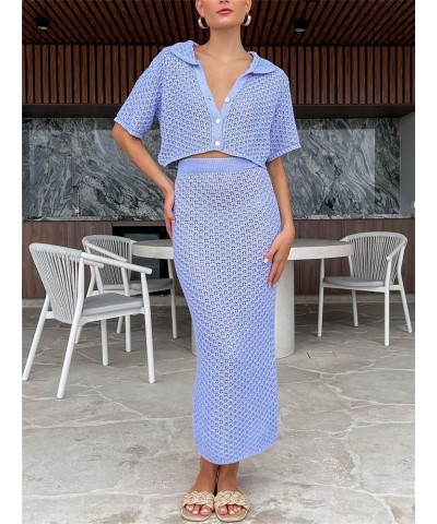 Women Crochet Knit 2 Piece Skirt Set Hollow Out Crop Top Low Waist Bodycon Maxi Skirt 2Pc Summer Y2k Beach Outfit Set B Blue ...