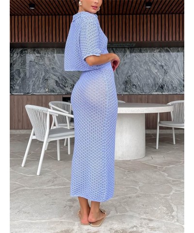 Women Crochet Knit 2 Piece Skirt Set Hollow Out Crop Top Low Waist Bodycon Maxi Skirt 2Pc Summer Y2k Beach Outfit Set B Blue ...