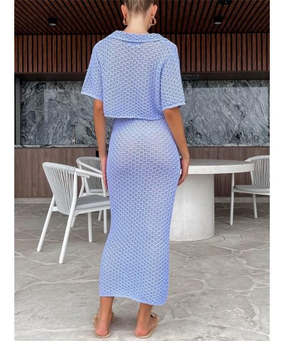 Women Crochet Knit 2 Piece Skirt Set Hollow Out Crop Top Low Waist Bodycon Maxi Skirt 2Pc Summer Y2k Beach Outfit Set B Blue ...