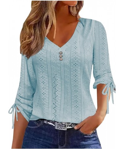 Lace Eyelet Tops for Women Dressy Casual V Neck Long Sleeve Shirts Fall Fashion Going Out Blouses Winter Basic Pullover Blue ...