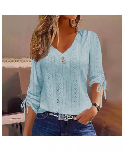 Lace Eyelet Tops for Women Dressy Casual V Neck Long Sleeve Shirts Fall Fashion Going Out Blouses Winter Basic Pullover Blue ...