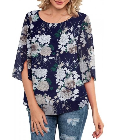 Womens Casual Scoop Neck Loose Top 3/4 Sleeve Chiffon Blouse Shirt Tops White Flower-navy $14.40 Blouses