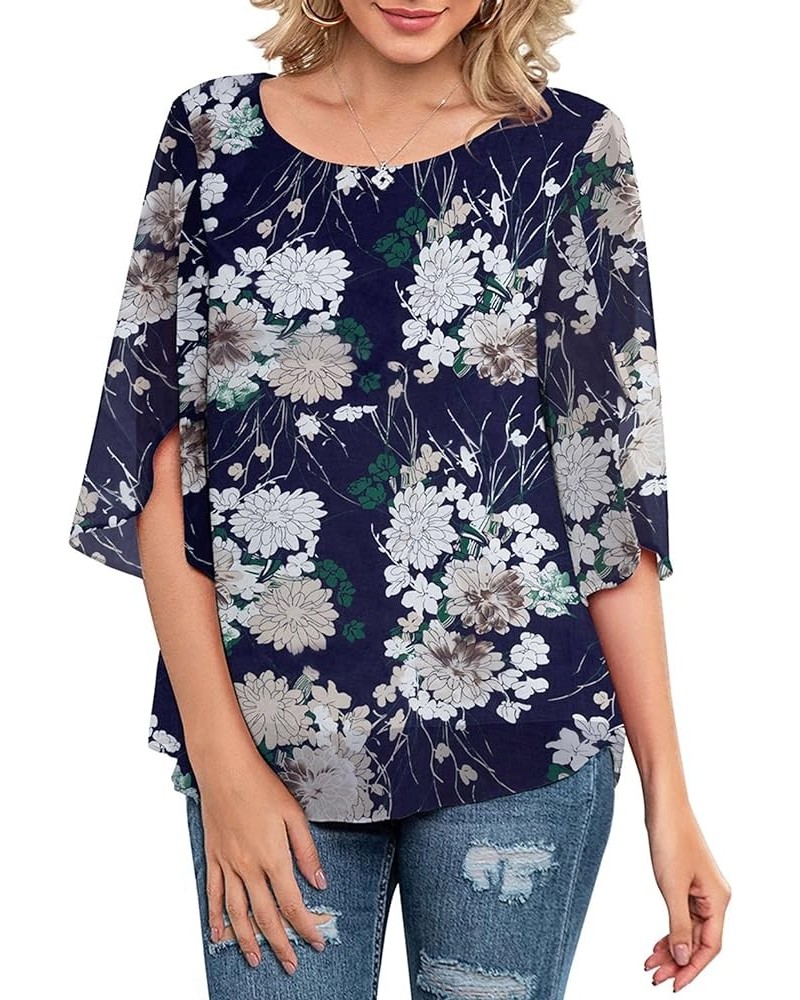 Womens Casual Scoop Neck Loose Top 3/4 Sleeve Chiffon Blouse Shirt Tops White Flower-navy $14.40 Blouses