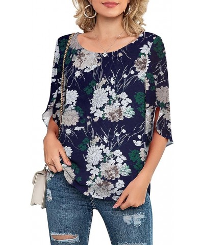 Womens Casual Scoop Neck Loose Top 3/4 Sleeve Chiffon Blouse Shirt Tops White Flower-navy $14.40 Blouses