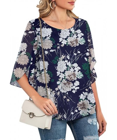 Womens Casual Scoop Neck Loose Top 3/4 Sleeve Chiffon Blouse Shirt Tops White Flower-navy $14.40 Blouses