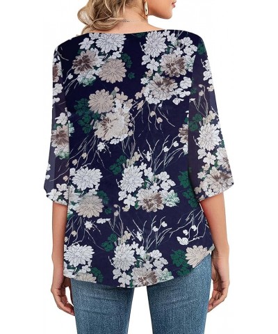 Womens Casual Scoop Neck Loose Top 3/4 Sleeve Chiffon Blouse Shirt Tops White Flower-navy $14.40 Blouses