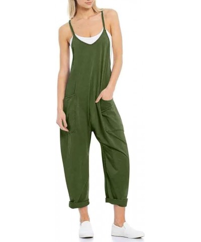 Women's Causal Jumpsuits V Neck Sleeveless Adjustable Spaghetti Strap Loose Overalls with Pockets Army Green $10.58 Overalls