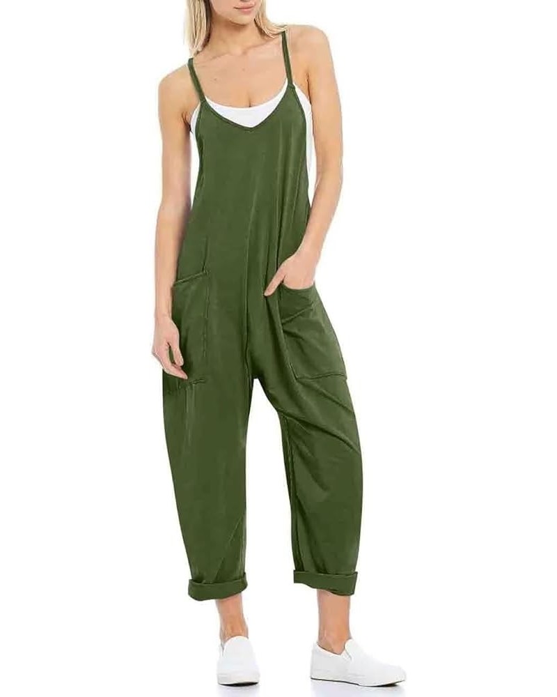 Women's Causal Jumpsuits V Neck Sleeveless Adjustable Spaghetti Strap Loose Overalls with Pockets Army Green $10.58 Overalls