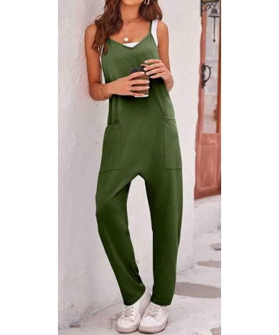 Women's Causal Jumpsuits V Neck Sleeveless Adjustable Spaghetti Strap Loose Overalls with Pockets Army Green $10.58 Overalls