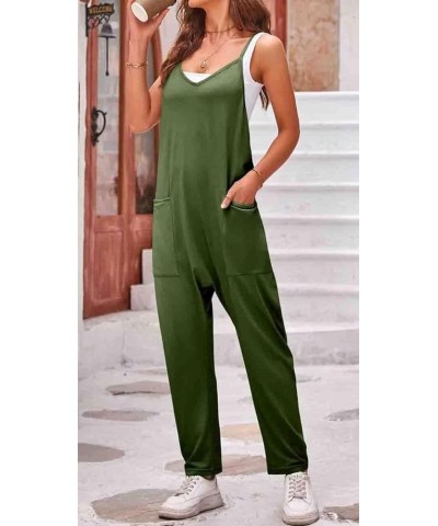 Women's Causal Jumpsuits V Neck Sleeveless Adjustable Spaghetti Strap Loose Overalls with Pockets Army Green $10.58 Overalls