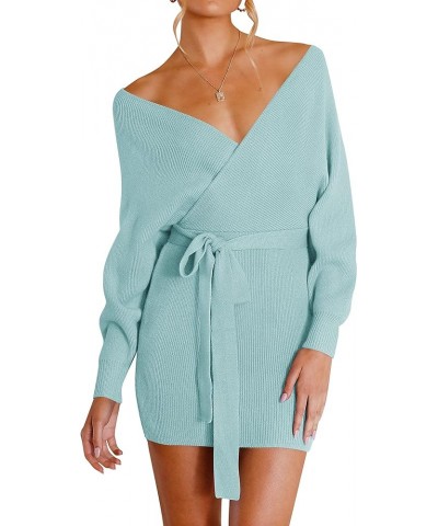 Women's 2024 Fall Long Batwing Sleeve Wrap V Neck Knitted Backless Bodycon Pullover Sweater Dress with Belt Aqua $26.00 Sweaters