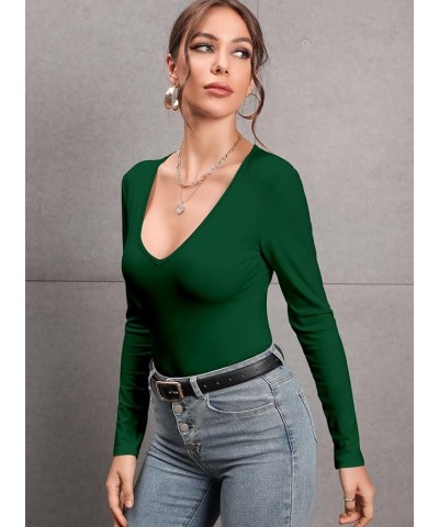 Women's Mock Turtleneck Long Sleeves Bodysuit Basic Ribbed Shirts Top V Neck Dark Green $13.10 Bodysuits