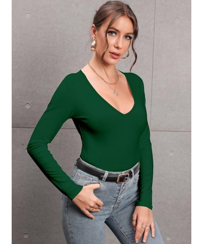 Women's Mock Turtleneck Long Sleeves Bodysuit Basic Ribbed Shirts Top V Neck Dark Green $13.10 Bodysuits