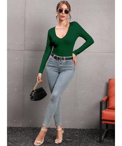 Women's Mock Turtleneck Long Sleeves Bodysuit Basic Ribbed Shirts Top V Neck Dark Green $13.10 Bodysuits