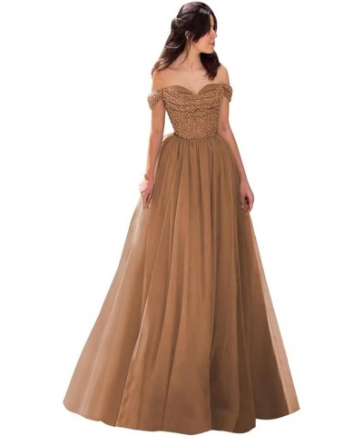 Off Shoulder Sequin Prom Dresses Tulle Ball Gowns Sparkly A Line Formal Evening Gowns for Women Dusty Rose $35.28 Dresses