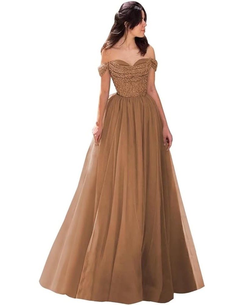 Off Shoulder Sequin Prom Dresses Tulle Ball Gowns Sparkly A Line Formal Evening Gowns for Women Dusty Rose $35.28 Dresses