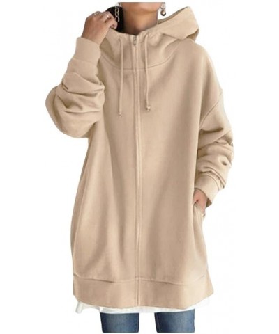 Full Zip Up Hoodies Sweatshirts For Women Long Sleeves Tunic Tops Oversized Hooded Jackets With Pockets Casual Coat A-khaki $...