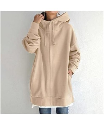 Full Zip Up Hoodies Sweatshirts For Women Long Sleeves Tunic Tops Oversized Hooded Jackets With Pockets Casual Coat A-khaki $...