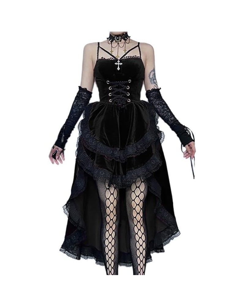 Gothic Clothes Dress,Lace Mini Sleeveless Dress Black Lace Draped Bodycon Goth Vintage Dresses Cross Trailing $15.70 Dresses