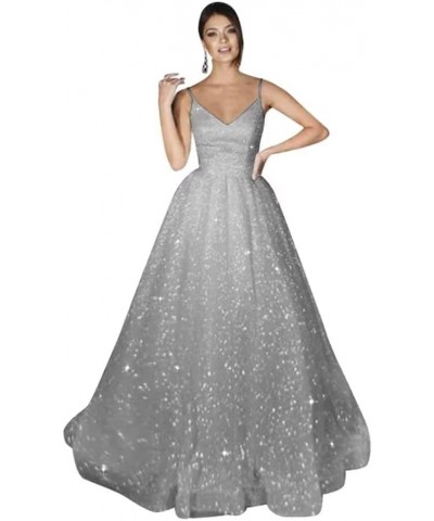 Glitter Tulle Wedding Dresses Spaghetti Straps Prom Dresses 2023 Long V Neck Ball Gowns for Women Formal Silver $33.60 Dresses