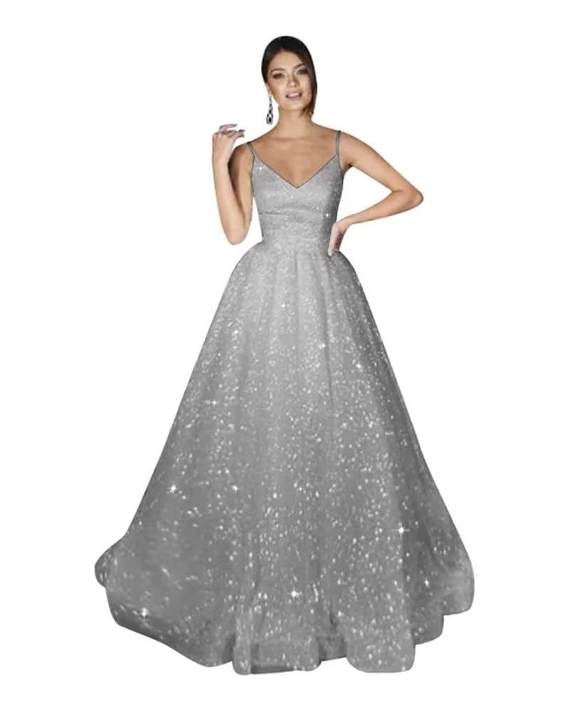 Glitter Tulle Wedding Dresses Spaghetti Straps Prom Dresses 2023 Long V Neck Ball Gowns for Women Formal Silver $33.60 Dresses