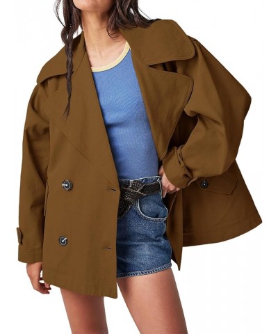 Women's Lapel Collar Trench Coat Long Sleeve Button Down Oversized Jackets with Pockets Brown $13.25 Coats