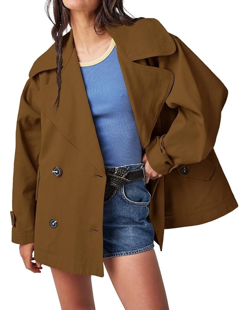 Women's Lapel Collar Trench Coat Long Sleeve Button Down Oversized Jackets with Pockets Brown $13.25 Coats