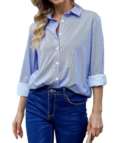 Women's Button Down Shirts Long Sleeve Blouses Casual Collared Chiffon Dress Shirts V Neck Tops Office Work Shirts Blue Strip...