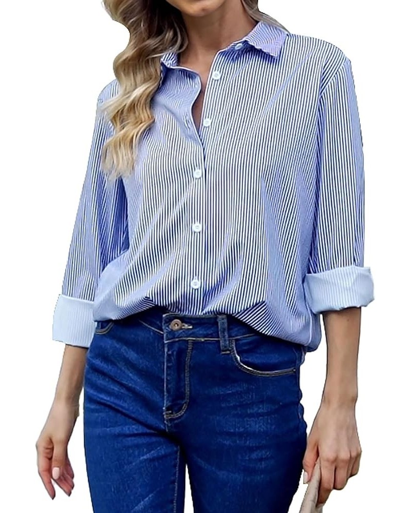 Women's Button Down Shirts Long Sleeve Blouses Casual Collared Chiffon Dress Shirts V Neck Tops Office Work Shirts Blue Strip...