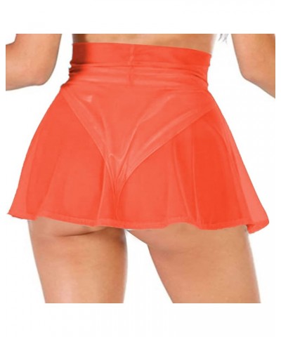 Women's Sheer Mesh Mini Skirts See-Through High Waist Solid Skater Skirt Beach Cover-ups Without Briefs Orange $10.07 Skirts